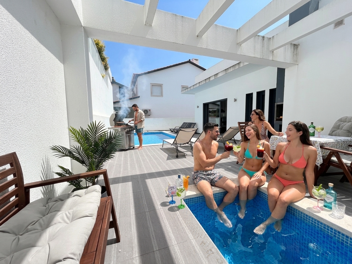 Churrasco e cocktails no terraço junto à piscina