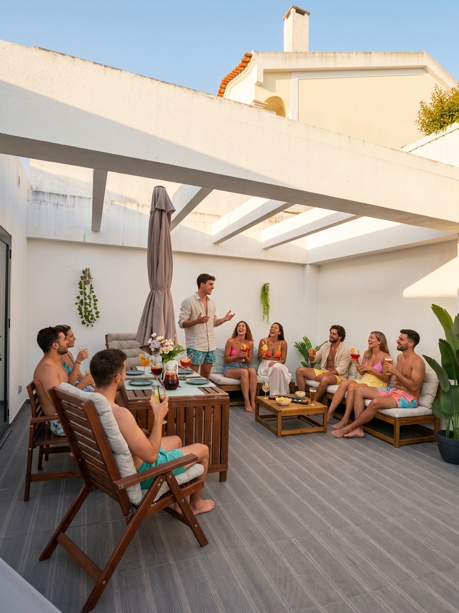Amigos com bebidas no terraço exterior