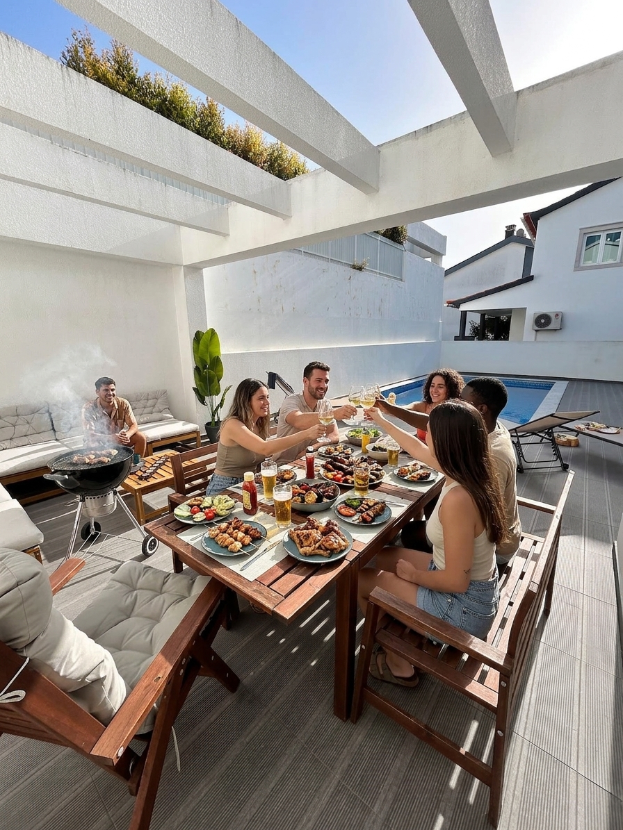 Churrasco entre amigos na zona de refeições do terraço